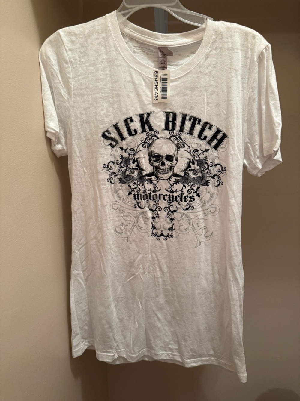 Next Level Apparel White Graphic Tee with Skull Motorcycles Design
